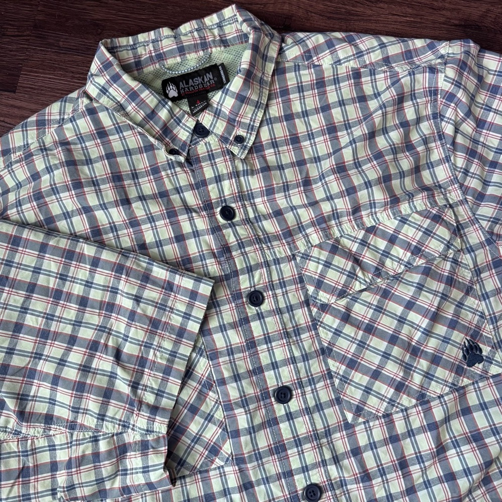 Alaskan Hardgear Duluth Trading Shirt Mens Green Blue Plaid Button Up Large Tall